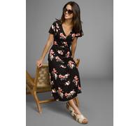 Sommerkleid LAURA SCOTT, Damen, Gr. 46, N-Gr, schwarz, orange, geblümt, Jersey, Obermaterial: 95% Viskose, 5% Elasthan, geblümt, figurumspielend wadenlang, V-Ausschnitt, Kleider Sommerkleid, mit roman