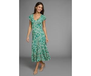 Sommerkleid LAURA SCOTT, Damen, Gr. 48, N-Gr, grün, sand, gemustert, Single Jersey, Obermaterial: 95% Viskose, 5% Elasthan, gemustert, figurbetont lang, V-Ausschnitt, Volant, Kleider Sommerkleid, mit