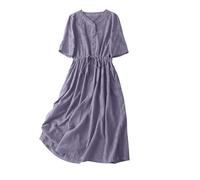 Sommerkleid Leinen, Leinen Kleid Damen Boho Style Baggy Knielang Musselinkleid Baumwollkleid Sommer Leicht Sommerkleid Sommerkleider a Linie Baggy Luftige Freizeitkleider Strandkleid