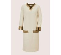 Sommerkleid MADELEINE "Etuikleid Elegantes Kleid mit Lederakzenten", Damen, Gr. 46, N-Gr, weiß (cappuccino, perlweiß), Obermaterial: 44% Baumwolle CO. 40% Polyester PES. 11% Leinen LI. 5% Elasthan EL.