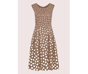 Sommerkleid MADELEINE "Kleid Kurzarm Tupfenkleid in Midilänge", Damen, Gr. 44, N-Gr, weiß (caramel, wollweiß), Obermaterial: 96% Polyester PES. 4% Elasthan EL., Modern, normal, Kleider Sommerkleid, V