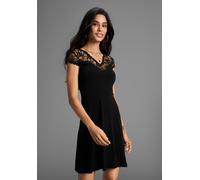 Sommerkleid MELROSE, Damen, Gr. 38, N-Gr, schwarz, Jersey, Obermaterial: 95% Polyester, 5% Elasthan. Spitze: 100% Polyester, unifarben, tailliert kurz, V-Ausschnitt, Spitze, Kleider Sommerkleid, für f