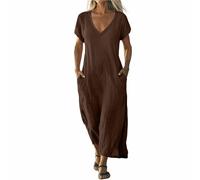 Sommerkleid Midi, Damen Kleider Sommerkleider Kurzarm Strandkleid Maxikleid Einfarbige V Ausschnitt Midikleid Loose Fit Luftig Wickelkleid Freizeitkleid Mit Tasche (2-Kaffee, XXL)