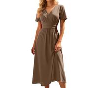 Sommerkleid Midi, Damen Sommerkleid Kurzarm V-Ausschnitt Kleid - Kleider Lang Hohe Taille Wickelkleid Elegant A Linie Midi Sommerkleider Curvy Midikleid Sommer Strandkleid Kaffee S