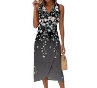 Sommerkleid Midi, Damenkleidung Boho Kleid Damen Ärmellos V-Ausschnitt Kleider Blumenmuster Wickelkleid Tailliert A-Linie Midikleid Elegant Festlich Sommer Casual Classic (1-Dunkelgrau, S)