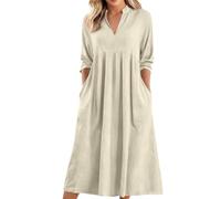 Sommerkleid Midi, Kleider Sommerkleider Damen Henley-V-Ausschnitt 3/4 Ärmel Leinenekleid Strandkleid Plissee Loose Baumwolle Leinen Sommer Kleid Elegant Luftig Freizeitkleid Mit Taschen (Weiß, M)