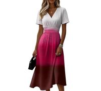 Sommerkleid Midi Sommerkleid Damen Midikleid Wickelkleid Kurzarm V Ausschnitt Geraffte Taillenbund Elegant mit Seitenschlitz für Hochzeit Party S Hot Pink