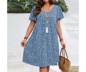Sommerkleid mit kleinen Blumen-Print und Rüschenärmeln für Damen in Große Größen, Urlaubskleid