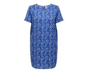 Sommerkleid ONLY CARMAKOMA "CARLUX SS TUNIC DRESS WVN NOOS", Damen, Gr. 52, N-Gr, blauprint aop:dreamy leaves, Web, Obermaterial: 97% Polyester, 3% Elasthan, bedruckt, loose fit kurz, U-Boot-Ausschnit