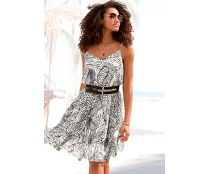 Sommerkleid S.OLIVER "mit Alloverdruck aus gekreppter Viskose", Damen, Gr. 42, N-Gr, schwarz (creme, schwarz), Crêpe, Obermaterial: 100% Viskose, bedruckt, figurumspielend ca. Mitte Oberschenkel, tief