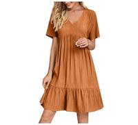 Sommerkleid Sale Damen Leinen Kleider Knielang Casual Strandkleid Kurzarm Sommerkleider Sommer Shirtkleider Freizeitkleid Locker V-Ausschnitt Midikleid Kurzarm A-Linie Kleid Strandkleid Ohne Zubehör