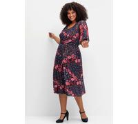 Sommerkleid SHEEGO BY JOE BROWNS "Mesh-Kleid", Damen, Gr. 48, Normalgrößen, blau (blau gemustert), 92% Polyester, 8% Elasthan, bedruckt, gemustert, mehrfarbig, wadenlang, V-Ausschnitt, Kleider Sommerk