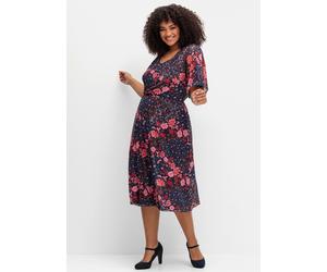 Sommerkleid SHEEGO BY JOE BROWNS "Mesh-Kleid", Damen, Gr. 58, Normalgrößen, blau (blau gemustert), 92% Polyester, 8% Elasthan, bedruckt, gemustert, mehrfarbig, wadenlang, V-Ausschnitt, Kleider Sommerk