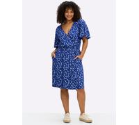 Sommerkleid SHEEGO "Jersey-Kleid", Damen, Gr. 48, Normalgrößen, blau (royalblau, hellblau, bedruckt), 95% Viskose, 5% Elasthan, geblümt, gemustert, mehrfarbig, knielang, V-Ausschnitt, Kleider Sommerkl
