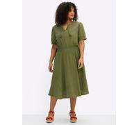 Sommerkleid SHEEGO "Kleid", Damen, Gr. 54, Normalgrößen, grün (oliv, limone), 100% Baumwolle, unifarben, knielang, Rundhals, Kleider Sommerkleid (81371257-54) oliv, limone