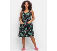 Sommerkleid SHEEGO "Sommerkleid", Damen, Gr. 58, Normalgrößen, schwarz (schwarz, gemustert), 95% Viskose, 5% Elasthan, geblümt, gemustert, mehrfarbig, knielang, Rundhals, Kleider Sommerkleid (90685943