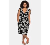 Sommerkleid SHEEGO "Strandkleid", Damen, Gr. 48, Normalgrößen, schwarz-weiß (schwarz, weiß), 95% Viskose, 5% Elasthan, geblümt, gemustert, knielang, V-Ausschnitt, Kleider Sommerkleid (19492848-48) sch
