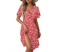 Sommerkleid, Sommerkleider Damen A-Linien Blumen Knielänge V Ausschnitt Kurz Flatterärmel Lässig Kleider für Frauen 2025 Sommer Urlaub mit Rüschen Ärmel A Watermelon Red L