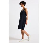 Sommerkleid STREET ONE, Damen, Gr. 40, EURO-Größen, blau (tiefblau), Stoff, 75% Viskose, 20% Polyester, 5% Elasthan, unifarben, normal knielang, V-Ausschnitt, Bündchen, Kleider Sommerkleid, soft und t