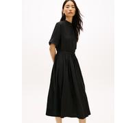 Sommerkleid TOMMY HILFIGER "ESS LINEN MIDI SS SHIRT DRESS", Damen, Gr. M (40), N-Gr, schwarz, Web, Obermaterial: 100% Leinen, unifarben, tailliert wadenlang, Rundhals, Kleider Sommerkleid, mit Faltenr