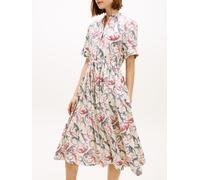 Sommerkleid TOMMY HILFIGER "ESS LINEN SHORT SLEEVE SHIRT DRESS", Damen, Gr. XS (34), N-Gr, leopard baroque rwb, Web, Obermaterial: 100% Leinen, gemustert, tailliert wadenlang, Rundhals, mit Umschlag, 