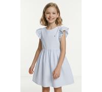 Sommerkleid TOMMY HILFIGER "SEERSUCKER DRESS SHORT SLEEVE", Mädchen, Gr. 14 (164), N-Gr, blau (sweet blau stripes), Web, Obermaterial: 100% Baumwolle, gestreift, regular fit knielang, Rundhals, Rüsche