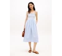 Sommerkleid TOMMY HILFIGER "SWIMSHOP SEERSUCKER SMOCKED DRS", Damen, Gr. XS (34), N-Gr, thin banker stp blau spell, weiß, Web, Obermaterial: 100% Baumwolle, gestreift, A-Linie Midi, Kleider Sommerklei