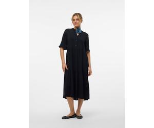 Sommerkleid VERO MODA "VMEASY JOY 2/4 FRL CALF DRESS WVN GA", Damen, Gr. S, N-Gr, schwarz, Web, Obermaterial: 100% Viskose, unifarben, regular fit lang, V-Ausschnitt, Kleider Sommerkleid, Viskose, reg