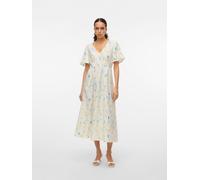 Sommerkleid VERO MODA "VMFLORA OLGA SS 7/8 DRESS WVN GA", Damen, Gr. L, N-Gr, snow weiß aop:olga, Web, Obermaterial: 75% Viskose, 20% Polyester, 5% Leinen, bedruckt, regular fit knöchellang, V-Ausschn