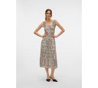 Sommerkleid VERO MODA "VMMENNY SL SMOCK CALF DRESS WVN GA", Damen, Gr. L, N-Gr, oatmeal aop:tenna, Web, Obermaterial: 100% Viskose, bedruckt, regular fit wadenlang, eckiger Ausschnitt, Kleider Sommerk