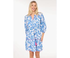 Sommerkleid ZWILLINGSHERZ "Blätter Zweifarbig", Damen, Gr. L, N-Gr, blau (royalblau), Web, Obermaterial: 100% Baumwolle, gemustert, figurumspielend kniefrei, V-Ausschnitt, elastischer Bund mit Gummizu
