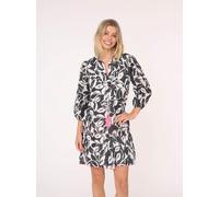 Sommerkleid ZWILLINGSHERZ "Blätter Zweifarbig", Damen, Gr. XL, N-Gr, schwarz, Web, Obermaterial: 100% Baumwolle, gemustert, figurumspielend kniefrei, V-Ausschnitt, elastischer Bund mit Gummizug, Kleid