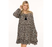 Sweatkleid ZWILLINGSHERZ "Leo Dream", Damen, Gr. S/M, N-Gr, beige, Obermaterial: 100% Viskose, Kleider Sweatkleid, Leomuster, figurumspielend, pinke Tassel, lange Ärmel (36677625-S) beige