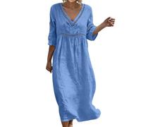 Sommerkleider 2026,Boho Elegant 3/4 Arm Maxikleid Baumwolle Leinen Kleid Damen Sommer Freizeitkleid Bohemian Sommerkleider Leicht Und Luftig Leinenkleid Strandkleid A-Linie Blusenkleid(Königsblau,XXL)