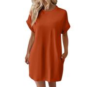 Sommerkleider Abendkleider elegant für Hochzeit midikleid Damen Sommer Tunika Kleid Einfarbig Rundhals Kurz Ärmel Shirt Kurzarm Bluse（Orange, S