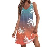 Sommerkleider Damen Ärmellos V-Ausschnitt Freizeitkleider Mit Taschen Blumen T-Shirt Strandkleid Leichte Lässige Boho Tank Kleid Casual Beach Minikleid A-Line Swing T-Shirt-Kleid
