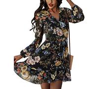 Sommerkleider Damen Blumenkleid V Ausschnitt Chiffon Kleider Langarm Kleid Swing Rüschen A-line Minikleider Elegant Cocktailkleid Partykleid Strandkleider Casual für Herbst Frühling Sommer Schwarz L