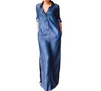 Sommerkleider Damen,Damen-Jeans-Maxikleid Modisch Seitlicher Schlitz Lange Ärmel Revers Freizeitkleider Herbst Lockeres Hemdkleid Mit Knopfleiste Elegantes Solides Jean-Kleid Übergröße Kaftan-Kl