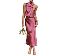Sommerkleider Damen,Damen-Midi-Kleider Aus Satin, Elegant, Solide, Mit Neckholder, Ärmellose Kleider, Sommermode, A-Linie, Fließende Swing-Sommerkleider, Party-Cocktail, Sexy Maxikleider Mit Reiß