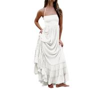 Sommerkleider Damen Elegant Lang Gesmoktes Kleid Ärmellos Rückenfrei Spaghettiträger Neckholder Strandkleid Rüschen A Linie Mit Gürtel Sommerkleid Frauen Leicht Luftig Kleider Schwingen Maxi