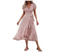 Sommerkleider Damen Kurzarm Chiffonkleid Damen Blumenkleid Sexy V-Ausschnitt Kleider Blumenmuster Kleid Hohe Taille Midikleid Beach Strandkleid Lose Wickelkleid Bequeme Freizeitkleider Partykleid
