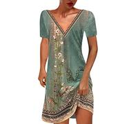 Sommerkleider Damen Kurzarm Lässig V-Ausschnitt Blumendruck A-Linie Kleid Midikleid Partykleid Freizeitkleid Strandkleider