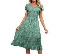 Sommerkleider Damen Lang Boho Blumen Kurzarm Lässig V-Ausschnitt A-Linie Blumenkleid Elegant Kleid Damen Sommer Wickelkleid Strandkleid Partykleid Maxikleid Cocktailkleid Grün L