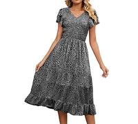 Sommerkleider Damen Lang Boho Blumen Kurzarm Lässig V-Ausschnitt A-Linie Blumenkleid Elegant Kleid Damen Sommer Wickelkleid Strandkleid Partykleid Maxikleid Cocktailkleid Schwarz XL
