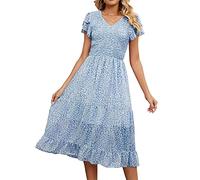 Sommerkleider Damen Lang Boho Blumen Kurzarm Lässig V-Ausschnitt A-Linie Blumenkleid Elegant Kleid Damen Sommer Wickelkleid Strandkleid Partykleid Maxikleid Cocktailkleid Hellblau XL