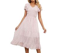Sommerkleider Damen Lang Boho Blumen Kurzarm Lässig V-Ausschnitt A-Linie Blumenkleid Elegant Kleid Damen Sommer Wickelkleid Strandkleid Partykleid Maxikleid Cocktailkleid Rosa M
