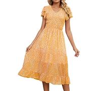 Sommerkleider Damen Lang Boho Blumen Kurzarm Lässig V-Ausschnitt A-Linie Blumenkleid Elegant Kleid Damen Sommer Wickelkleid Strandkleid Partykleid Maxikleid Cocktailkleid Gelb L