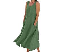 Sommerkleider Damen Lang Kleider V-Ausschnitt Elegant Strandkleider Ärmelloses Baumwolle Leinenkleider Solide Einfache Maxikleid Boho Musselin Wickelkleid Lose Freizeitkleid mit Taschen