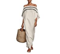 Sommerkleider Damen Lange mit Ärmel Boho Kleid Sommer Schulterfrei Maxikleid Damen Elegant Gestreift Kleider A Linie Baumwolle Leinen Sommerkleid Maxi Sommerkleider Leicht Und Luftig Strandkleid