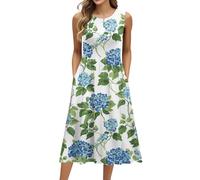 Sommerkleider Damen Leicht Und Luftig Damen Kleider Sommer Midi Elegant Sommerkleid mit Taschen Ärmellos Kleid Frauen Blumen A Linie Midikleid Damenkleider Schwingen Blumenkleid